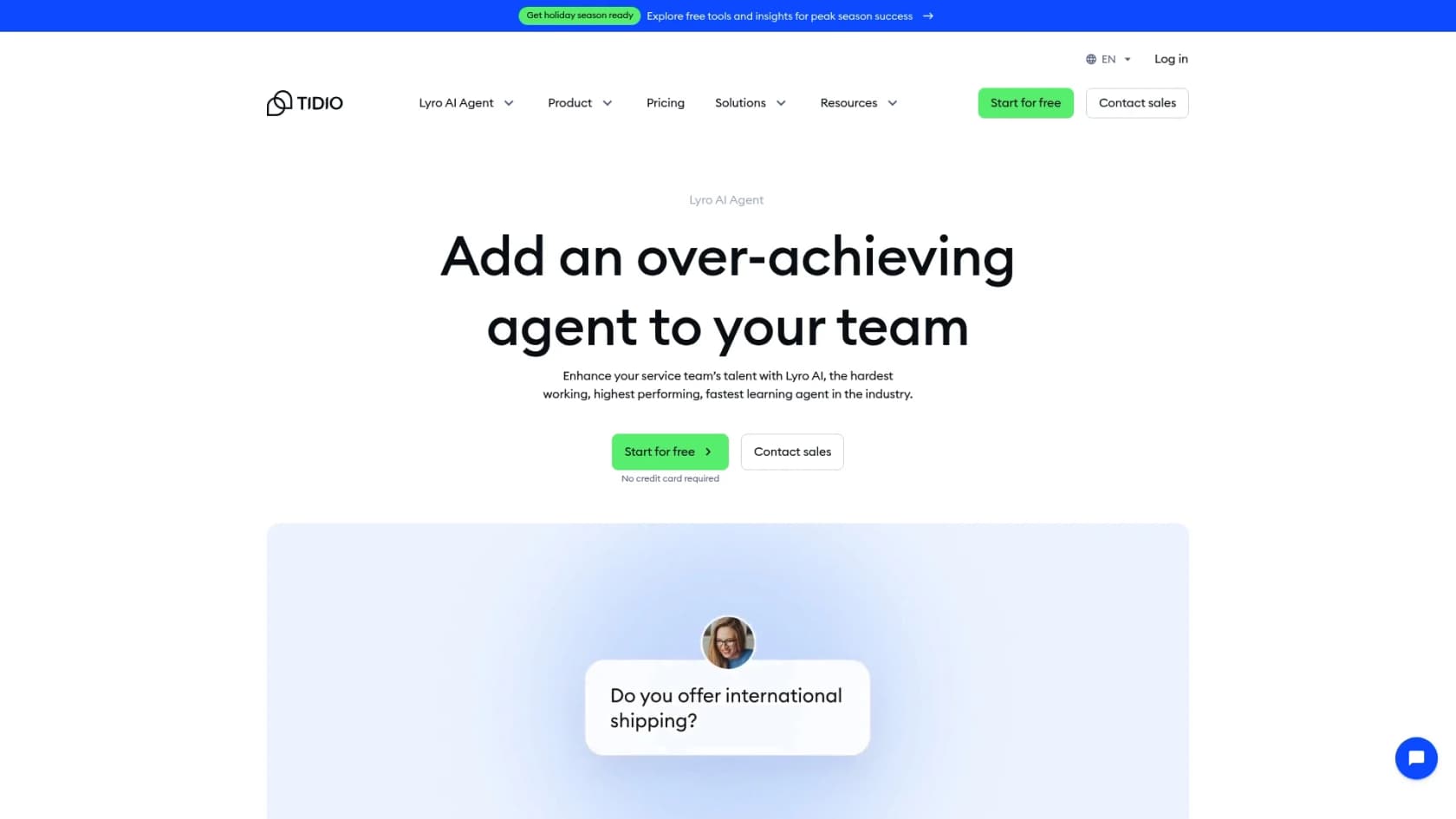 A screenshot of the Tidio Lyro AI homepage, which is relevant to Lyro AI pricing.