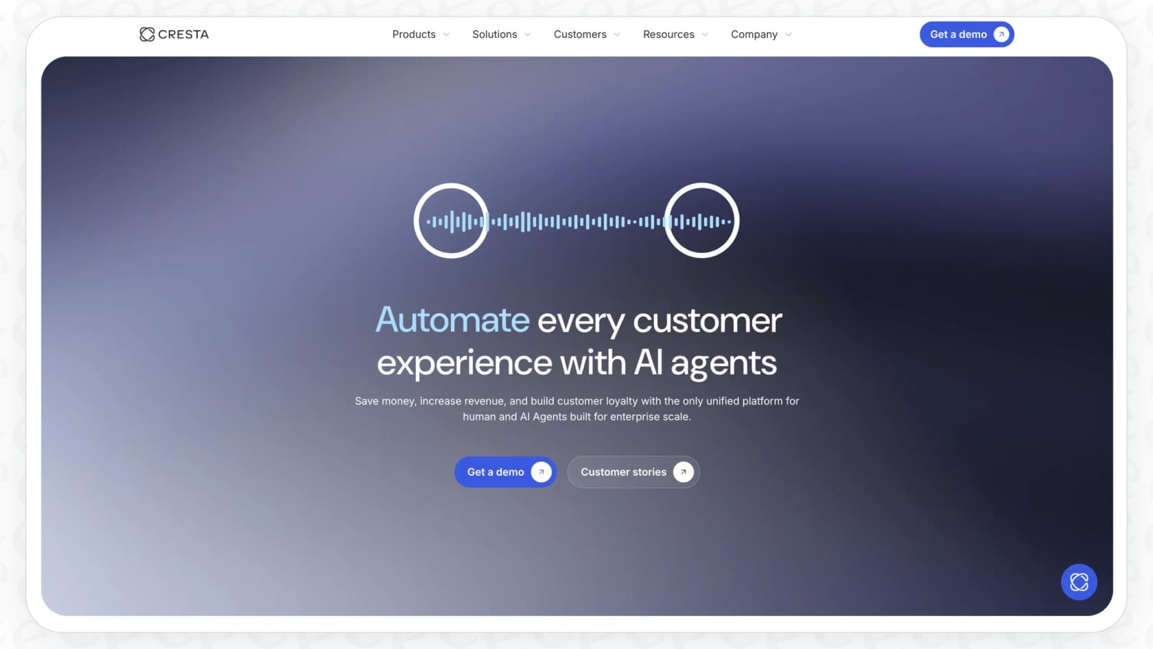 A view of the Cresta homepage, highlighting its focus on AI-powered solutions for large-scale customer support operations.