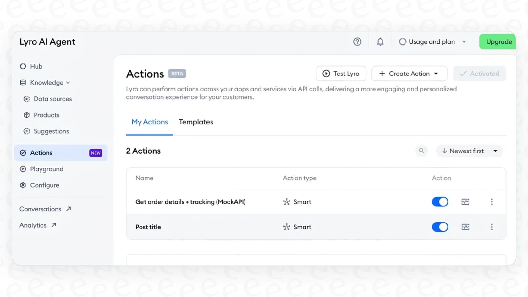 A screenshot showing how Lyro Actions work, which is a key factor in Lyro AI pricing.