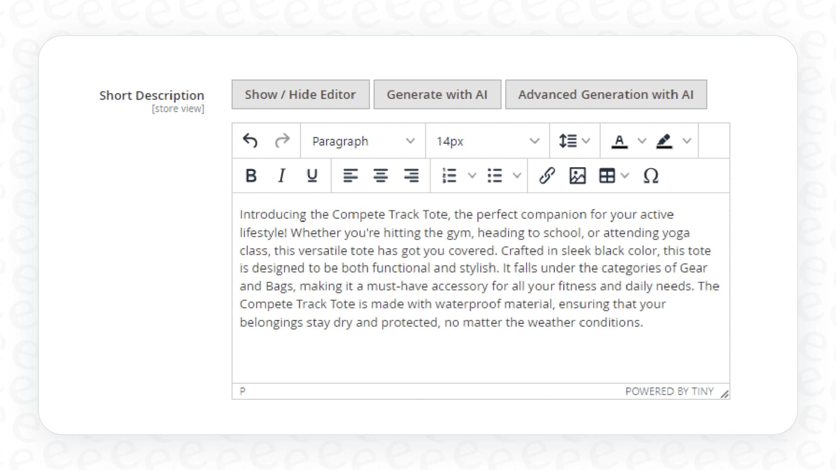 A screenshot showing the interface of a Magento AI Content Generator automatically creating product descriptions.