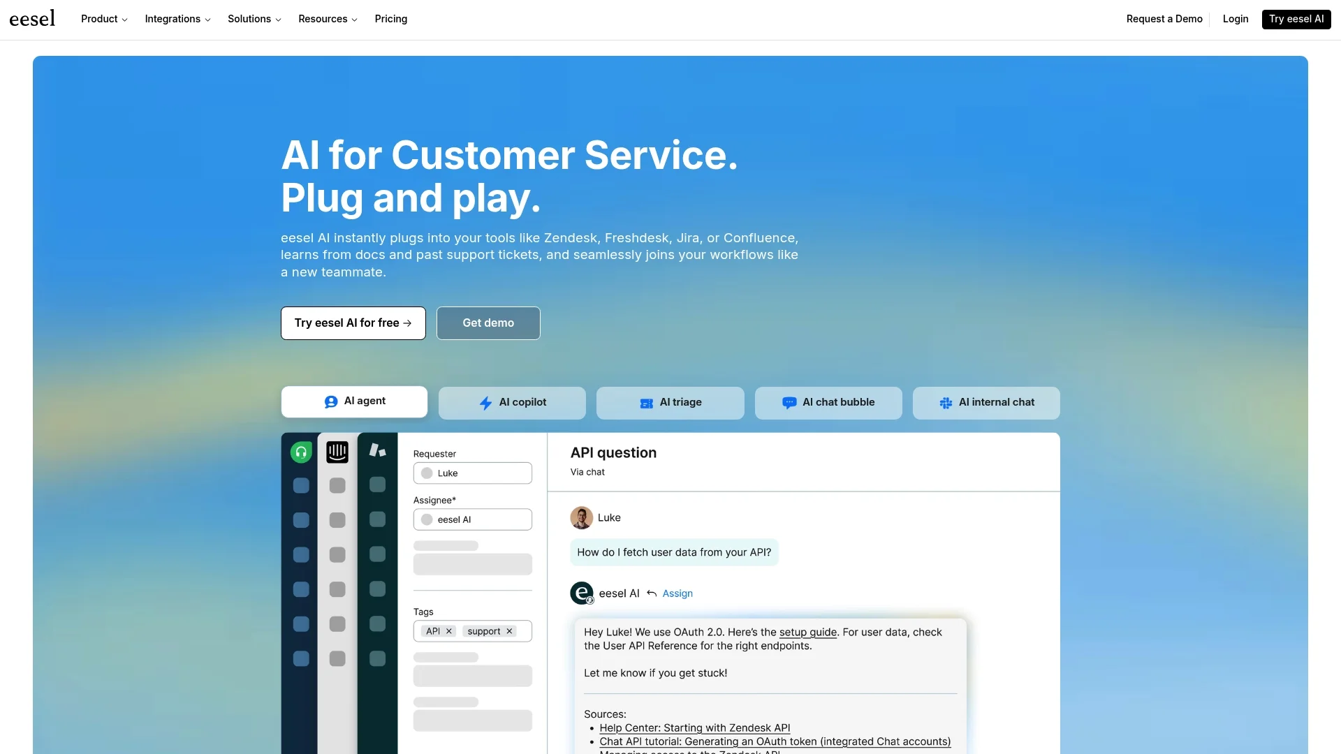 A screenshot of the eesel AI homepage, a best free AI chat tool contender.