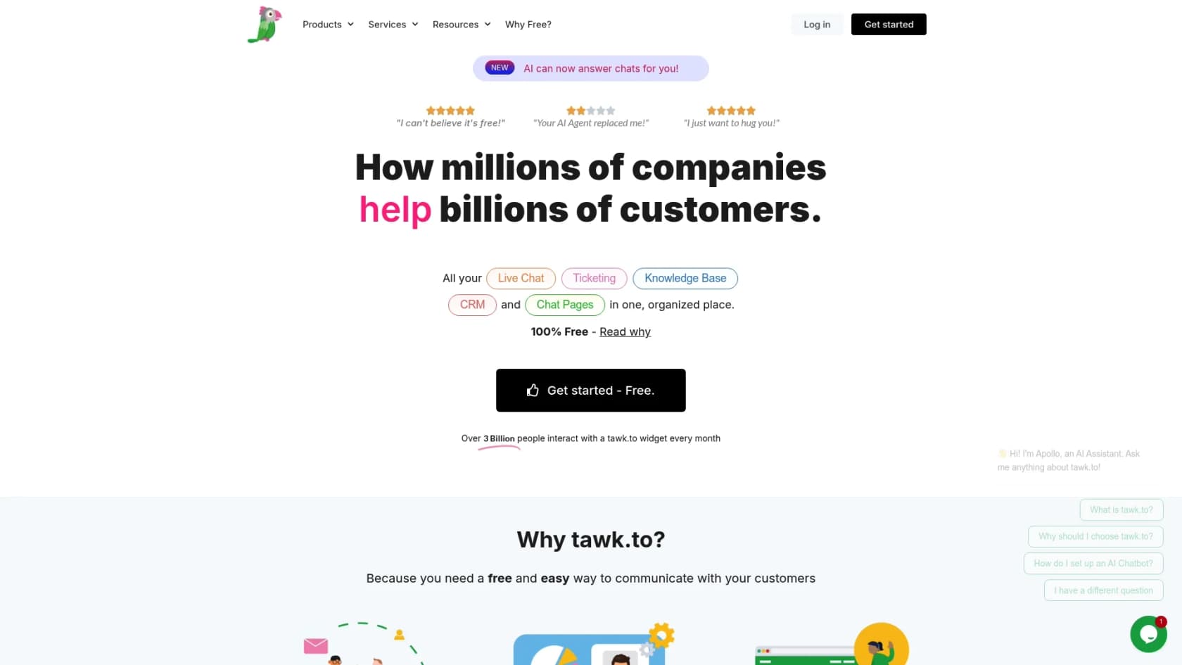 A screenshot of the Tawk.to homepage, a truly best free AI chat option.