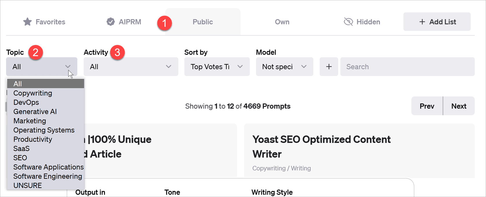 AIPRM prompt dashboard with Public and Own tabs, topic and activity filters, model selector, search, and prompt cards
