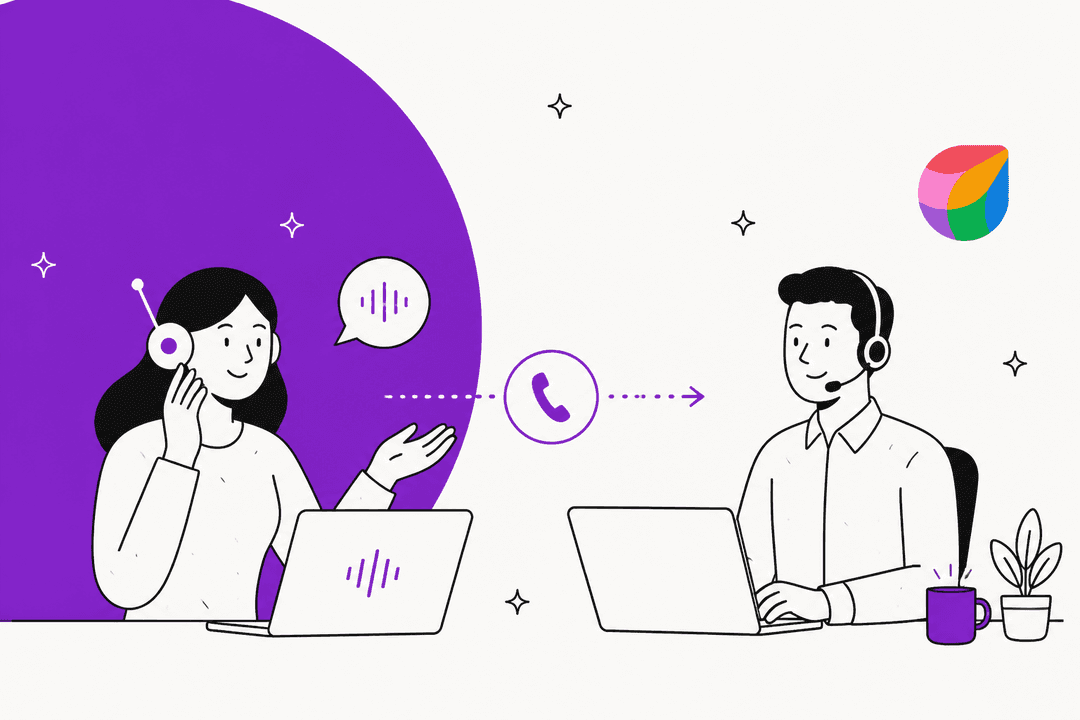 Illustration of a voice AI call handed to a headset-wearing support agent, with the Freshworks logo