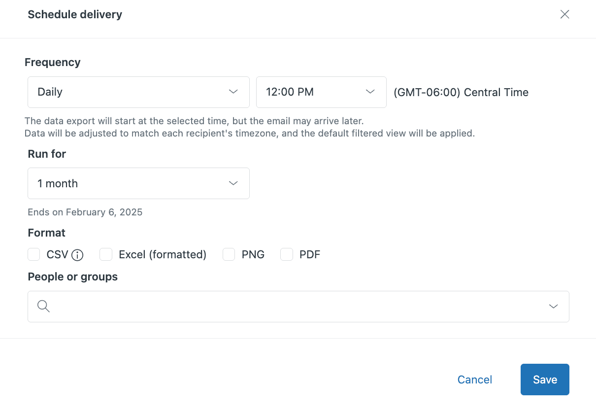 Zendesk Explore's scheduled delivery interface for configuring report and data exports.