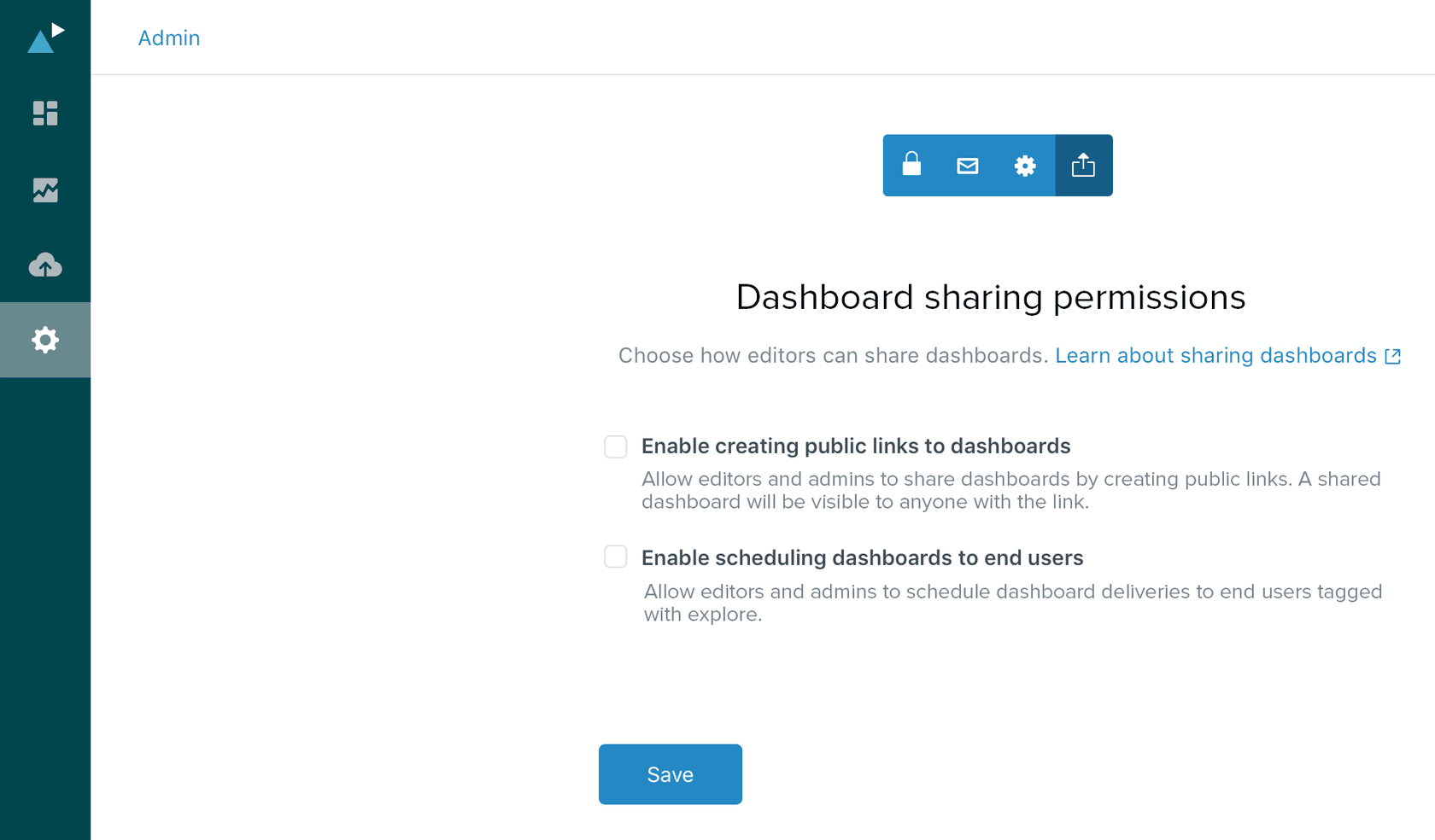 Dashboard sharing permissions settings for public links and scheduled deliveries
