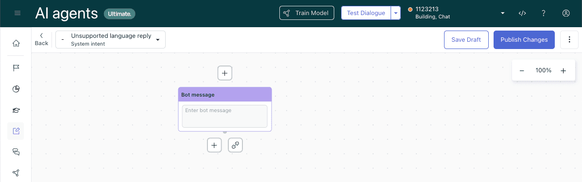 Zendesk AI agents dialogue builder with escalation block configuration options.