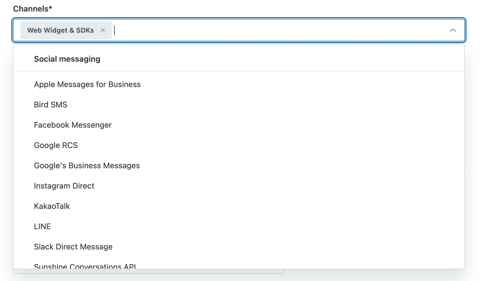 A messaging platform's channel selection interface, displaying various social messaging options.