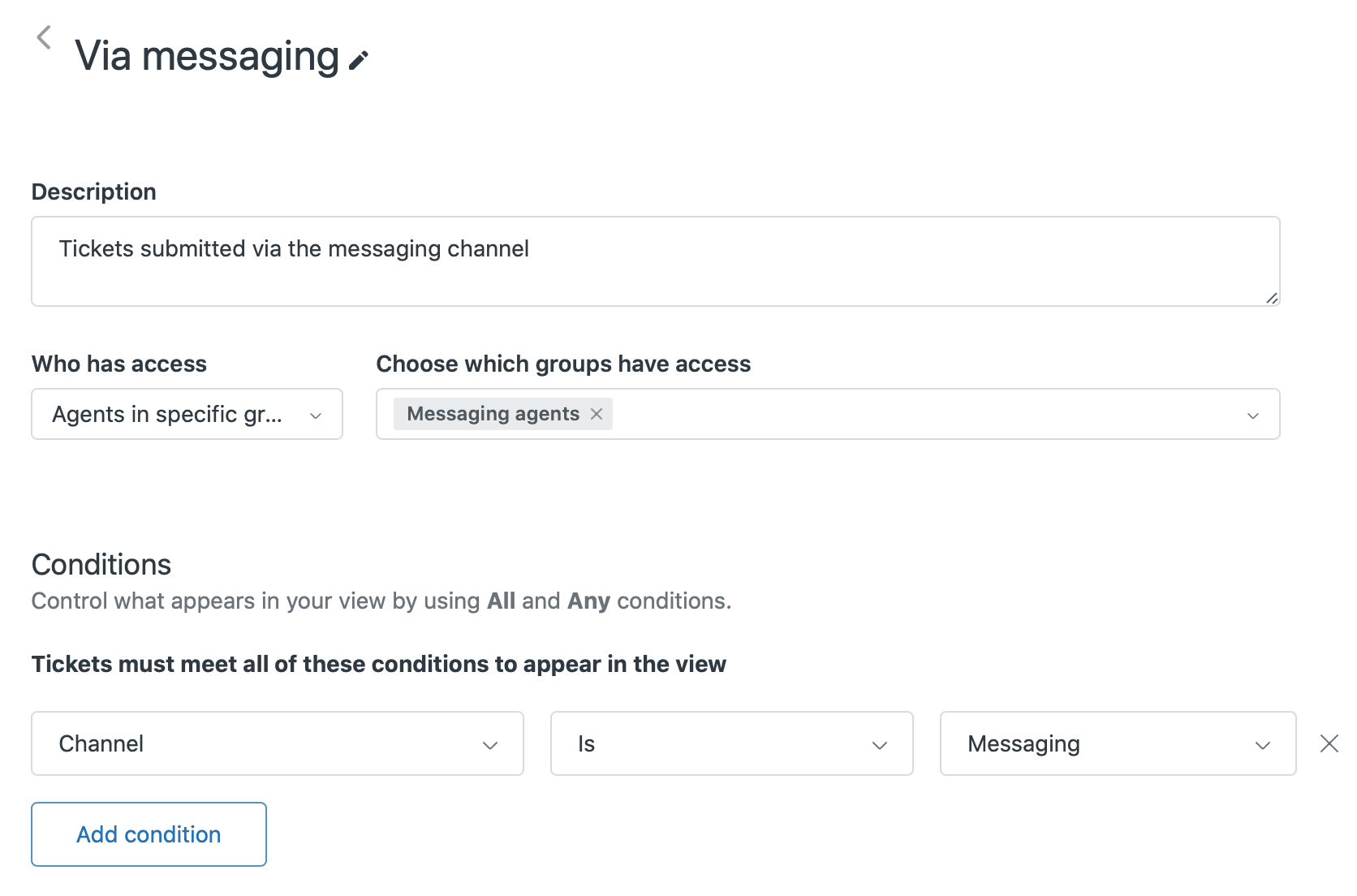 A messaging configuration panel displaying group access options for 'Messaging agents' and routing conditions based on the messaging channel.