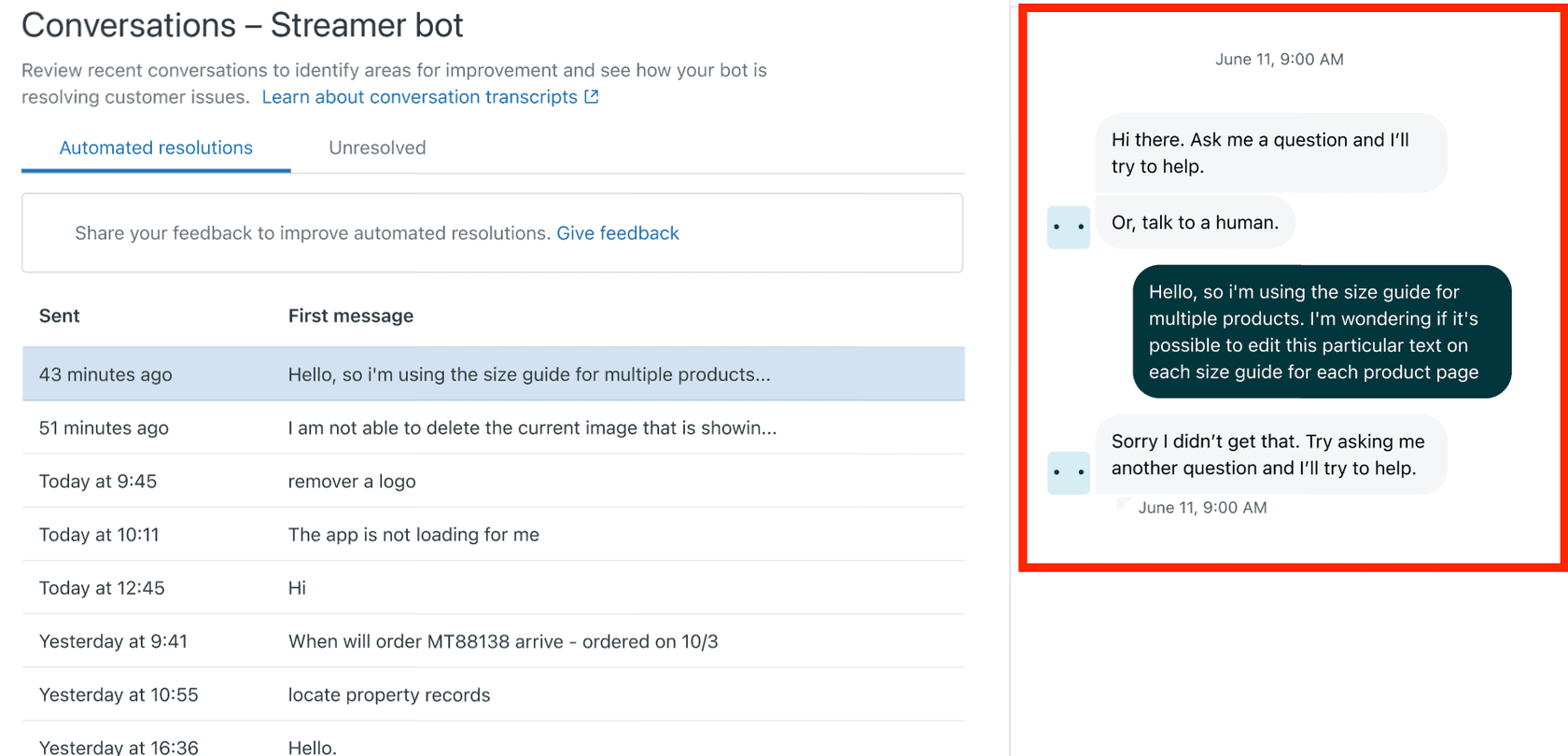 Zendesk AI agent conversation logs showing bot interactions and customer transcripts
