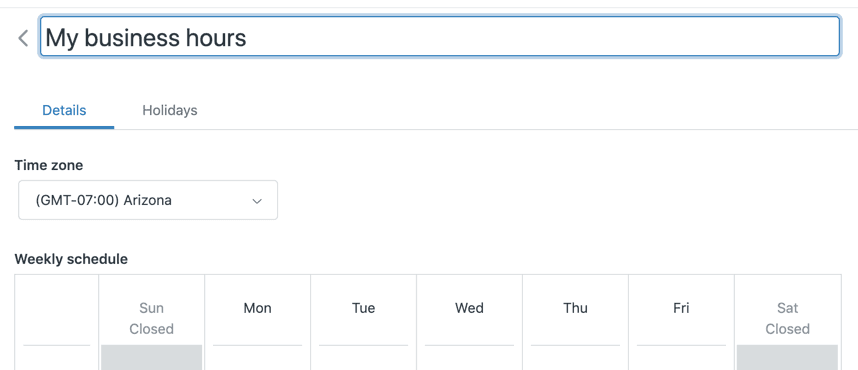 Zendesk business hours configuration with time zone and weekly schedule settings