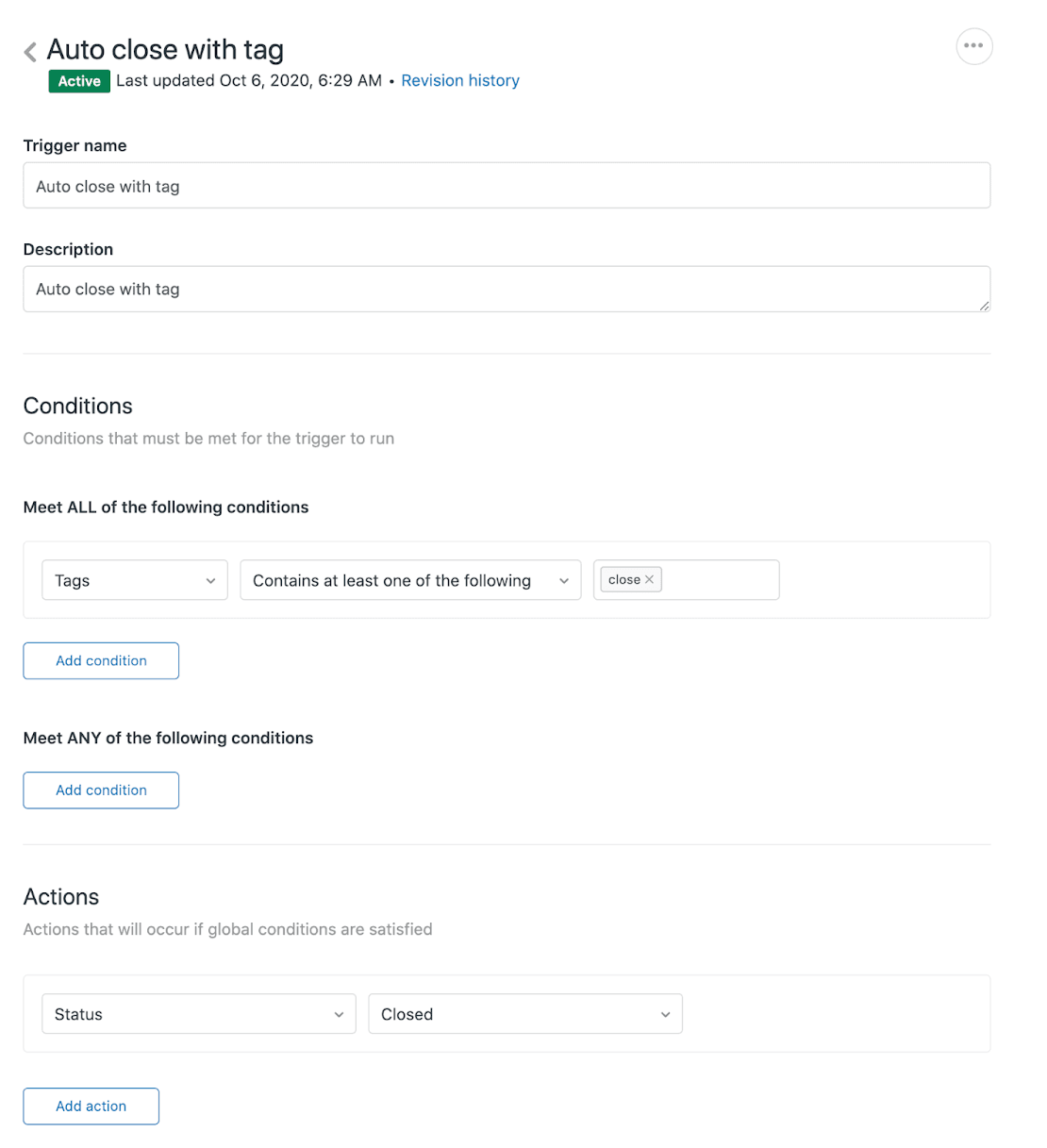 Zendesk trigger configuration panel for automating ticket actions with custom rules.