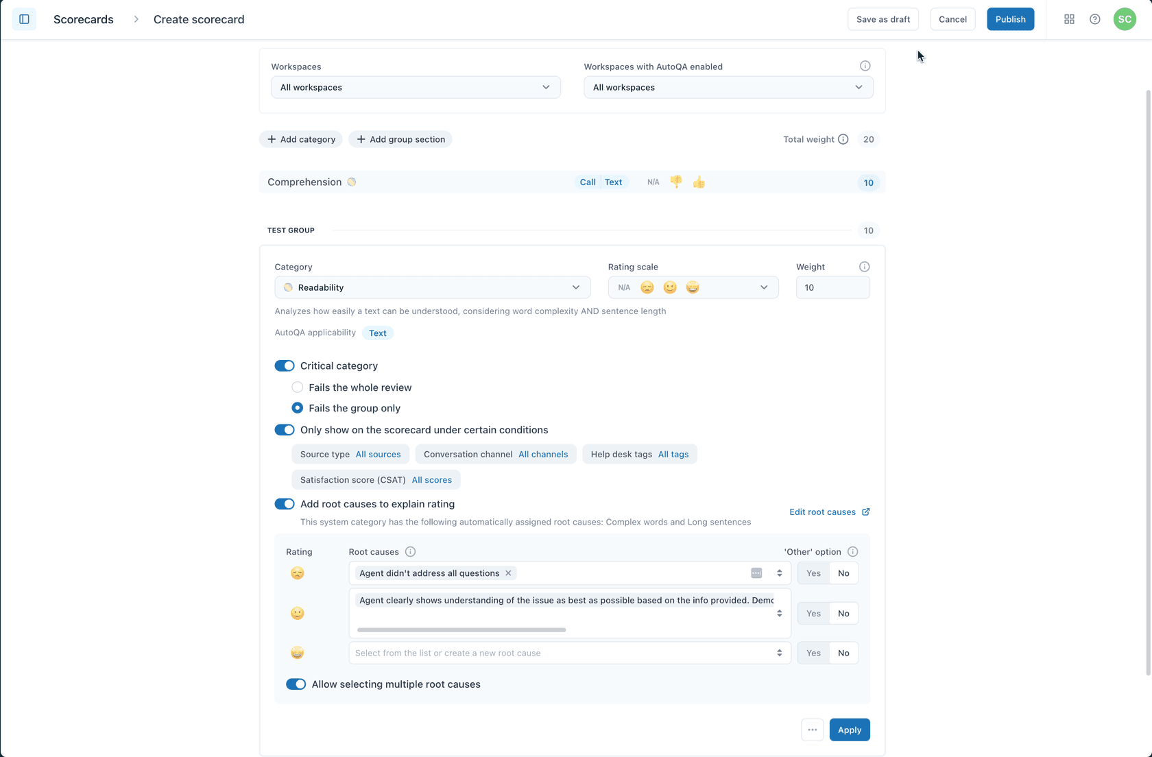 The scorecard creation interface, allowing users to define rating categories, set rating scales with emojis, assign weights, and configure root causes for specific ratings.